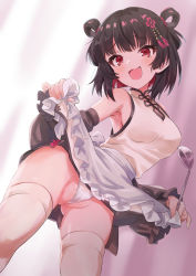 Rule 34 | 1girl, :3, apron, apron lift, armpits, ass, ata (tsumari), beige legwear, black hair, blush, breasts, china dress, chinese clothes, cleft of venus, clothes lift, commentary request, dress, dutch angle, frilled apron, frills, hair rings, highres, holding, holding ladle, ladle, lifted by self, looking at viewer, medium breasts, open mouth, original, panties, red eyes, sideboob, sidelocks, skirt, skirt lift, smile, solo, standing, thighhighs, thighs, underwear, waist apron, wedgie, white apron, white panties
