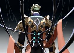 Rule 34 | 1boy, absurdres, achilles (fate), armor, cable, facing away, fate/apocrypha, fate (series), from behind, gauntlets, gradient background, green hair, grey background, haruakira, highres, male focus, mature male, orange sash, short hair, solo, undercut, upper body