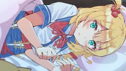 Rule 34 | 1girl, akai haato, akai haato (1st costume), aqua eyes, bed, blanket, blonde hair, blue skirt, blurry, blush stickers, breasts, collared shirt, commentary, depth of field, hair between eyes, hair ornament, heart, heart hair ornament, highres, hololive, indoors, long hair, looking at viewer, lying, medium breasts, neck ribbon, on bed, on side, open mouth, pillow, pov across bed, red ribbon, ribbon, shirt, short sidetail, short sleeves, side ponytail, skirt, solo, striped ribbon, tsumayouji (tumayog), under covers, virtual youtuber, white shirt, wing collar