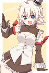 Rule 34 | 1girl, :d, ahoge, azur lane, blonde hair, blue eyes, breasts, brown gloves, character name, detached sleeves, gloves, highres, kunugi miyaco, looking at viewer, oklahoma (azur lane), open mouth, short hair, small breasts, smile, solo