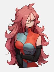 Rule 34 | 1girl, android 21, breasts, checkered clothes, checkered dress, dragon ball, dragon ball fighterz, dress, earrings, glasses, grey background, hair between eyes, hoop earrings, jewelry, kemachiku, long hair, looking at viewer, looking to the side, medium breasts, red hair, simple background, solo, upper body
