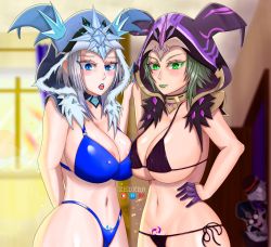 Rule 34 | 2boys, 2girls, absurdres, bikini, blue eyes, blush, breast press, breasts, cicin mage (genshin impact), cleavage, cryo (genshin impact), cryo cicin mage (genshin impact), electro (genshin impact), electro cicin mage (genshin impact), electrohammer vanguard (genshin impact), fatui, genshin impact, green eyes, green hair, hat, hiding, highres, hood, lipstick, looking at viewer, makeup, multiple boys, multiple girls, o o, open mouth, pyroslinger bracer (genshin impact), shiny clothes, shiny skin, short hair with long locks, silver hair, smile, swimsuit, tattoo, zedxbr