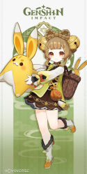 Rule 34 | 1girl, basket, bell, boots, bow-shaped hair, brown hair, commentary, english commentary, genshin impact, hair bell, hair ornament, highres, holding, jingle bell, leg up, logo, long sleeves, looking at viewer, official art, solo, stuffed animal, stuffed toy, yaoyao (genshin impact)