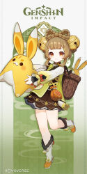 Rule 34 | 1girl, backpack basket, basket, bell, boots, bow-shaped hair, brown hair, commentary, english commentary, genshin impact, hair bell, hair ornament, highres, holding, jingle bell, leg up, logo, long sleeves, looking at viewer, official art, solo, stuffed animal, stuffed toy, yaoyao (genshin impact)