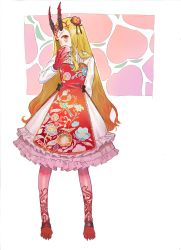 Rule 34 | 1girl, absurdres, alternate costume, bad id, bad pixiv id, barefoot, blonde hair, commentary, denqyellow, facial mark, fate/grand order, fate (series), floral print, flower, food, frilled skirt, frills, fruit, hair flower, hair ornament, highres, horns, ibaraki douji (fate), long hair, looking at viewer, oni, oni horns, peach, sidelocks, skirt, slit pupils, solo, tattoo, white background, yellow eyes