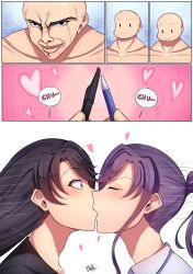 Rule 34 | 1boy, 2girls, absurdres, artist name, bad id, bad pixiv id, band-width, black hair, closed eyes, comic, forced kiss, heart, highres, kiss, long hair, motion lines, multiple girls, original, pen, personification, ponytail, purple hair, signature, surprised, wide-eyed, yuri