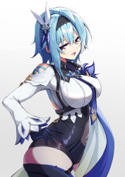 Rule 34 | 1girl, bare shoulders, blue hair, blue necktie, breasts, eula (genshin impact), genshin impact, gloves, hair ornament, hairband, half-closed eyes, hand on own hip, highres, kurisu~tina, leotard, long sleeves, looking at viewer, medium breasts, necktie, open mouth, smile, solo, thigh strap, thighhighs, yellow eyes