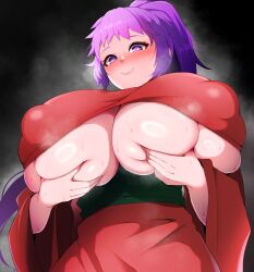 Rule 34 | 1girl, absurdres, arc the lad, blush, breasts, breasts squeezed together, breath, cleavage, covered erect nipples, female focus, from below, gigantic breasts, grabbing, grabbing another&#039;s breast, highres, huge breasts, imminent paizuri, japanese clothes, kukuru (arc the lad), long hair, long sleeves, looking down, naughty face, nipples, paizuri invitation, ponytail, purple eyes, purple hair, robe, sash, smile, solo, standing, steam, sweat, underboob, wide sleeves, yukichi100yu