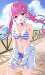 Rule 34 | 1girl, bare shoulders, bikini, bikini skirt, blue hair, blue ribbon, blush, breasts, cleavage, collarbone, colored inner hair, front-tie bikini top, front-tie top, hair ribbon, highres, hololive, jacket, long hair, looking at viewer, medium breasts, minato aqua, multicolored hair, navel, neck ribbon, norio (noriosub), off shoulder, open mouth, outdoors, purple eyes, purple hair, ribbon, smile, solo, streaked hair, striped bikini, striped clothes, swimsuit, twintails, two-tone hair, virtual youtuber, white jacket, white ribbon