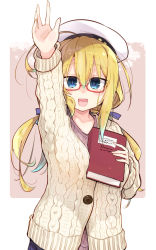 Rule 34 | 1girl, alternate costume, arm up, blonde hair, blue eyes, blush, book, breasts, glasses, hair between eyes, hair ornament, hair ribbon, hat, highres, holding, holding book, i-8 (kancolle), kantai collection, large breasts, long hair, long sleeves, low twintails, open mouth, peaked cap, red-framed eyewear, ribbon, sailor hat, salamander (hop-step), semi-rimless eyewear, simple background, smile, solo, sweater, twintails, two-tone background, under-rim eyewear