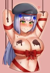 Rule 34 | 1girl, absurdres, armpits, arms behind head, blue hair, blush, breasts, chance8000, chocolate, chocolate on body, chocolate on breasts, cleavage, food on body, girls&#039; frontline, green eyes, hat, heart, highres, hk416 (girls&#039; frontline), large breasts, long hair, naked ribbon, navel, ribbon, smile, solo