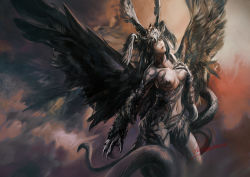 Rule 34 | 1girl, breasts, cloud, cloudy sky, collarbone, feathers, grey hair, hayaken sarena, head wings, lips, looking at viewer, monster girl, nipples, nude, sky, small breasts, solo, tail, tattoo, wings