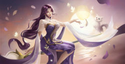 Rule 34 | 1girl, absurdres, bare legs, breasts, broom, bug, butterfly, cat, dress, earrings, falling petals, fu guang qingqing, glowing butterfly, highres, horizon, insect, jewelry, lantern, large breasts, long hair, outstretched hand, petals, purple dress, purple hair, second-party source, sitting, solo, sun, wanmei shijie, water, yun xi (wanmei shijie)