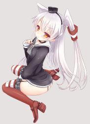 Rule 34 | 10s, 1girl, 515m, amatsukaze (kancolle), ass, blush, brown eyes, dress, garter straps, kantai collection, long hair, personification, sailor dress, school uniform, serafuku, short dress, silver hair, sitting, solo, striped clothes, striped thighhighs, thighhighs, twintails, two side up, wariza