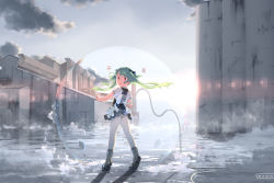 Rule 34 | 1girl, bad id, bad pixiv id, boots, building, cable, city, cloud, factory, floating hair, hebinui, house, long hair, looking at viewer, original, outdoors, panties, panties under pantyhose, pantyhose, pantyshot, ruins, skirt, sky, solo, standing, underwear, upskirt, very long hair, wind