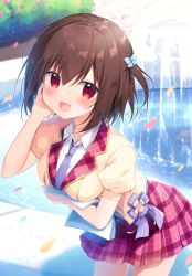 Rule 34 | 1girl, :d, blue bow, blush, bow, breasts, brown hair, brown jacket, collared shirt, commentary request, day, fountain, hair between eyes, hair bow, hand up, highres, jacket, leaning forward, looking at viewer, medium breasts, miyasaka naco, necktie, one side up, open mouth, original, outdoors, petals, plaid, plaid skirt, pleated skirt, puffy short sleeves, puffy sleeves, purple necktie, red eyes, red skirt, shirt, short sleeves, skirt, smile, solo, white shirt