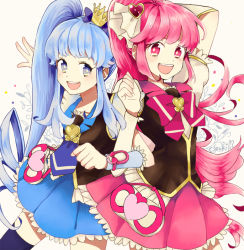 Rule 34 | 10s, 2girls, :d, aino megumi, black legwear, blue dress, blue eyes, blue hair, blue skirt, bow, bowtie, brooch, crown, cure lovely, cure princess, dress, frills, guriribalove, hair ornament, happinesscharge precure!, heart, heart brooch, heart hair ornament, jewelry, locked arms, long hair, magical girl, mini crown, multiple girls, necktie, open mouth, pink bow, pink dress, pink eyes, pink hair, pink skirt, ponytail, precure, shirayuki hime, sidelocks, signature, skirt, smile, thighhighs, twintails, wrist cuffs