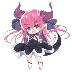Rule 34 | 10s, 1girl, asymmetrical horns, bad id, bad pixiv id, black dress, black ribbon, blue eyes, blush, boots, breasts, cer (cerber), chibi, closed mouth, curled horns, detached sleeves, dragon girl, dragon horns, dragon tail, dress, elizabeth bathory (fate), elizabeth bathory (fate/extra ccc), elizabeth bathory (first ascension) (fate), fate/extra, fate/extra ccc, fate (series), full body, hair between eyes, hair ribbon, hand up, horns, knee boots, long hair, long sleeves, lowres, pink hair, pointy ears, ribbon, simple background, small breasts, smile, solo, standing, tail, tail raised, uneven horns, very long hair, white background, white footwear