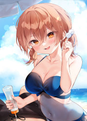 Rule 34 | 1boy, 1girl, :d, bare arms, bare shoulders, bikini, black male swimwear, blue bikini, blue sky, blush, breasts, brown hair, chihiro (khorosho), cleavage, cloud, cloudy sky, commentary request, covered navel, day, hair between eyes, hand up, highres, holding, horizon, male swimwear, medium breasts, ocean, open mouth, orange eyes, original, outdoors, short twintails, sky, smile, swim trunks, swimsuit, twintails, water