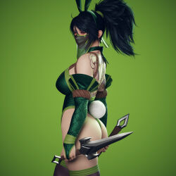 Rule 34 | 1girl, 3d, absurdres, akali, alternate costume, animal ears, ass, back tattoo, black hair, blender (medium), breasts, bridal gauntlets, cowboy shot, dagger, dragon tattoo, dual wielding, fake animal ears, fake tail, from side, green background, green hairband, green leotard, hairband, high ponytail, highleg, highleg leotard, highres, holding, holding dagger, holding knife, holding weapon, knife, large breasts, league of legends, leotard, long hair, looking at viewer, mask, mouth mask, mouth veil, playboy bunny, rabbit ears, rabbit tail, red eyes, ryanreos, see-through, shoulder tattoo, sideways glance, solo, tail, tattoo, thighhighs, veil, weapon