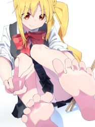 Rule 34 | 1girl, barefoot, blush, bocchi the rock!, bow, bowtie, closed mouth, collared shirt, drumsticks, feet, foot focus, grey vest, highres, ijichi nijika, knees together feet apart, knees up, leaning forward, legs, long hair, long sleeves, looking at viewer, makkurourufu, on ground, panties, parted bangs, pleated skirt, red bow, red bowtie, school uniform, shadow, shimokitazawa high school uniform, shirt, sidelocks, simple background, sitting, skirt, smile, soles, solo, toe scrunch, toenails, toes, underwear, v, vest, white background, white panties, white shirt