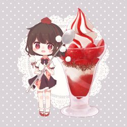 Rule 34 | 1girl, bad id, bad pixiv id, black bow, black bowtie, blush stickers, bow, bowtie, brown hair, collared shirt, food, fruit, full body, glass, hat, highres, ice cream, linda 18, looking at viewer, mini person, minigirl, open mouth, polka dot, polka dot background, pom pom (clothes), puffy short sleeves, puffy sleeves, red eyes, shameimaru aya, shirt, shoes, short hair, short sleeves, skirt, smile, solo, spoon, sprinkles, strawberry, sundae, tokin hat, touhou, white shirt