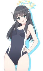 Rule 34 | 1girl, bare arms, bare legs, bare shoulders, black hair, black one-piece swimsuit, blue archive, blush, breasts, collarbone, commentary request, competition swimsuit, covered navel, cowboy shot, flower, green eyes, hair flower, hair ornament, halo, highres, long hair, nanju bami, one-piece swimsuit, open mouth, saten ruiko, simple background, small breasts, solo, swimsuit, toaru kagaku no railgun, toaru majutsu no index, white background, white flower, yellow halo