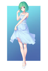 Rule 34 | 1girl, absurdres, arnold-s, blue dress, blue eyes, blush, closed mouth, collarbone, dress, green hair, hair ornament, hairclip, high heels, highres, looking at viewer, mary janes, original, shoes, short hair, sleeveless, smile, solo, strappy heels
