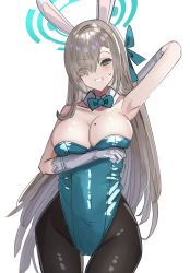 Rule 34 | 1girl, animal ears, aqua bow, aqua bowtie, aqua eyes, aqua leotard, arm behind head, armpits, asuna (blue archive), asuna (bunny) (blue archive), bare shoulders, black pantyhose, blue archive, bow, bow panties, bowtie, breast hold, breasts, brown hair, cleavage, collarbone, detached collar, detached sleeves, eyes visible through hair, fake animal ears, gloves, grey hair, hair over one eye, highres, large breasts, leotard, long hair, mole, mole on breast, open mouth, panties, pantyhose, playboy bunny, simple background, solo, sweat, the olphy, thigh gap, thighs, underwear, white background, white gloves