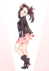 Rule 34 | 1girl, asymmetrical bangs, asymmetrical hair, bad id, bad pixiv id, black footwear, black jacket, black nails, blush, brown hair, choker, commentary request, creatures (company), dated, dress, from behind, game freak, green eyes, hair ribbon, highres, holding, holding poke ball, jacket, long sleeves, looking at viewer, looking back, marnie (pokemon), nail polish, nintendo, open clothes, open mouth, pink dress, poke ball, poke ball (basic), pokemon, pokemon swsh, red ribbon, ribbon, shoes, simple background, smile, solo, standing, twintails, uosaasou, white background