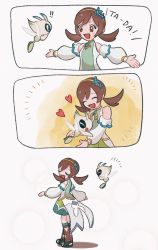 Rule 34 | !, !!, 1girl, :d, affectionate, bare shoulders, brown eyes, brown hair, celebi, closed eyes, commentary request, creatures (company), detached sleeves, dress, game freak, gen 2 pokemon, hairband, happy, heart, highres, legendary pokemon, long sleeves, lyra (pokemon), lyra (sygna suit) (pokemon), mythical pokemon, nintendo, official alternate costume, open mouth, pokemon, pokemon (creature), pokemon masters ex, smile, standing, twintails, unitako (unitacowow)