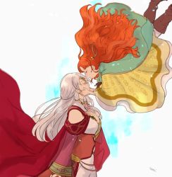 Rule 34 | 2girls, boots, cape, circlet, dress, closed eyes, fire emblem, fire emblem: radiant dawn, from side, hair ornament, hair tubes, hands on another&#039;s cheeks, hands on another&#039;s face, long hair, micaiah (fire emblem), multiple girls, nintendo, orange hair, sasaki (dkenpisss), signature, silver hair, simple background, turtleneck, white background, yune (fire emblem)