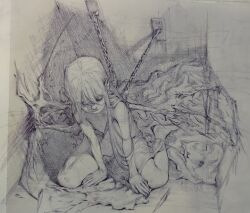 Rule 34 | 1girl, absurdres, chain, chained, crosshatching, flandre scarlet, full body, graphite (medium), hatching (texture), highres, long hair, photo (medium), pointy ears, sendai (nazonomono), sitting, solo, torn clothes, touhou, traditional media, wariza, wings