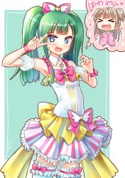 Rule 34 | &gt; &lt;, 1girl, :d, blue eyes, blush, camisole, cardigan, collar, commentary request, detached collar, frilled skirt, frilled thighhighs, frills, green hair, heart, highres, light brown hair, long hair, long sleeves, looking at viewer, okiru, open mouth, pink cardigan, pretty series, pripara, puffy short sleeves, puffy sleeves, short sleeves, skirt, smile, solo, striped clothes, striped skirt, sweat, thighhighs, treble clef, tsukikawa chili, twintails, v over eye, vertical-striped clothes, vertical-striped skirt, white camisole, white collar, white thighhighs, wing collar, xd