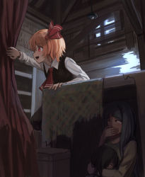 Rule 34 | 3girls, ascot, black vest, blonde hair, blouse, commentary request, covering own mouth, curtains, fang, hair ribbon, hiding, indoors, long sleeves, multiple girls, open mouth, red ascot, red eyes, ribbon, roke (taikodon), rumia, scared, shirt, short hair, tears, touhou, vest, white shirt