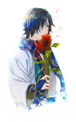 Rule 34 | 1boy, absurdres, aged down, bandage over one eye, black hair, blue scarf, bridal gauntlets, covered mouth, cropped torso, date masamune (sengoku basara), flower, highres, holding, holding flower, japanese clothes, kimono, looking ahead, male focus, official alternate costume, sawa12sss, scarf, sengoku basara, short hair, simple background, slit pupils, solo, sunflower, white background, white kimono, yellow eyes