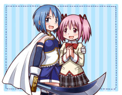 Rule 34 | 10s, 2girls, arm around shoulder, blue eyes, blue hair, cape, gloves, hair ribbon, hairband, happy, kaname madoka, magical girl, mahou shoujo madoka magica, mahou shoujo madoka magica (anime), miki sayaka, multiple girls, open mouth, own hands clasped, own hands together, pink eyes, pink hair, ribbon, school uniform, sen-asanagi, short hair, short twintails, smile, sword, twintails, weapon
