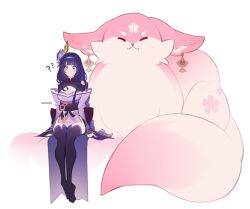 Rule 34 | 1girl, ?, absurdres, animal, animal ears, artist name, black thighhighs, blunt bangs, braid, breasts, cleavage, closed mouth, dreamcharlie, earrings, fox tail, genshin impact, hair ornament, highres, japanese clothes, jewelry, long hair, looking at viewer, mole, mole under eye, oversized animal, pink fur, purple eyes, purple hair, raiden shogun, simple background, single braid, sitting, tail, thighhighs, white background, wide-eyed, yae miko, yae miko (fox), yuri