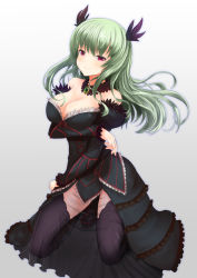 Rule 34 | 1girl, bare shoulders, black dress, black thighhighs, breast lift, breasts, brooch, character request, detached sleeves, dress, female focus, frilled dress, frills, green hair, grey background, highres, jewelry, large breasts, long hair, okina (805197), purple eyes, sennen sensou aigis, simple background, smile, solo, thighhighs