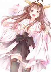 Rule 34 | 10s, 1girl, :d, ahoge, bad id, bad pixiv id, black thighhighs, brown eyes, brown hair, detached sleeves, double bun, hair bun, hairband, kantai collection, kongou (kancolle), long hair, looking at viewer, nontraditional miko, open mouth, pleated skirt, ribbon-trimmed sleeves, ribbon trim, skirt, smile, solo, thighhighs, yatomi, zettai ryouiki