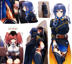 Rule 34 | 2girls, absurdres, admiral (kancolle), against wall, anchor hair ornament, atlanta (kancolle), belt, black headwear, black neckwear, blue hair, blue skirt, blush, bra visible through clothes, breasts, brown hair, commentary request, earrings, garrison cap, gloves, gotland (kancolle), grey eyes, hair between eyes, hair bun, hair ornament, half gloves, hand on own thigh, hat, highres, holding hands, jewelry, kamezou (kame-zo), kantai collection, lap pillow, large breasts, long hair, long sleeves, looking at viewer, military, military uniform, mole, mole under eye, multiple girls, open mouth, partially fingerless gloves, rigging, shirt, simple background, single earring, single hair bun, sitting, skirt, star (symbol), star earrings, suspenders, thigh strap, thighhighs, translation request, twintails, two side up, uniform, white gloves, white shirt