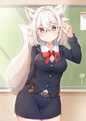 Rule 34 | 1girl, animal ear fluff, animal ears, belt, bespectacled, black skirt, blazer, breasts, brown belt, brown eyes, commentary request, glasses, hand up, inubashiri momiji, jacket, long sleeves, looking at viewer, medium breasts, red neckwear, red ribbon, ribbon, rururiaru, short hair, skirt, solo, tail, touhou, white hair, wolf ears, wolf tail