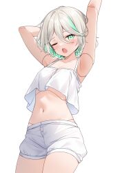 1girl arm_behind_head armpits arms_up blush cecilia_immergreen colored_inner_hair cowboy_shot crop_top crop_top_overhang doll_joints flat_chest green_eyes green_hair grey_hair hair_between_eyes highres hitsukuya hololive hololive_english joints legs_together looking_at_viewer midriff multicolored_hair navel open_mouth shirt short_hair shorts simple_background sleeveless sleeveless_shirt solo standing streaked_hair stretching two-tone_hair virtual_youtuber white_background white_shirt white_shorts yawning