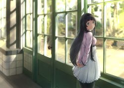 Rule 34 | absurdres, arms behind back, bad id, bad pixiv id, black pantyhose, day, door, dress, flying witch, green eyes, haru (we are wind), highres, huge filesize, indoors, kowata makoto, long hair, long sleeves, pantyhose, smile, solo, sunlight, very long hair, window
