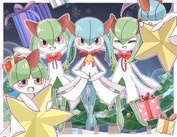 Rule 34 | 2others, 3girls, ^ ^, alternate color, arm up, arms up, blue hair, blue skin, blue sky, blunt bangs, blush, border, bow, bowl cut, bowtie, box, child, christmas tree, closed eyes, closed mouth, colored skin, creatures (company), flat chest, full body, game freak, gen 3 pokemon, gift, gift box, green hair, green skin, hair between eyes, hair over eyes, happy, jpeg artifacts, kirlia, looking at viewer, medium hair, multicolored skin, multiple girls, multiple others, neck bell, neck ribbon, nintendo, open mouth, orange ribbon, outdoors, outline, outside border, outstretched arm, outstretched arms, own hands together, pokemon, pokemon (creature), purple ribbon, ralts, red bow, red bowtie, red eyes, red ribbon, ribbon, shiny and normal, shiny pokemon, sidelocks, sky, smile, snowflakes, spread arms, standing, star (symbol), straight-on, suzu (pixiv 32232702), two-tone skin, white border, white outline, white skin