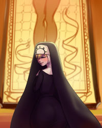 Rule 34 | 1girl, absurdres, ass, blonde hair, blush, double (skullgirls), from behind, habit, highres, indoors, nun, parted lips, skullgirls, smile, solo, stained glass, turning head