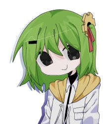 Rule 34 | 1girl, black eyes, borrowed character, breast pocket, chaun meguri, cho (cho utu00), closed mouth, collared shirt, drawstring, drop shadow, gear hair ornament, green hair, hair ornament, hair ribbon, hairclip, hood, hood down, hooded jacket, jacket, looking at viewer, medium hair, one side up, open clothes, open jacket, original, pocket, red ribbon, ribbon, shirt, simple background, smile, solo, turtleneck, upper body, white background, white jacket