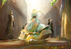 Rule 34 | 3girls, audrey hall, blonde hair, building, corset, day, dress, from behind, green dress, highres, long hair, looking up, lord of the mysteries, multiple girls, outdoors, people, plant, road, shadow, street, sunlight, walking, wind, xu06963103