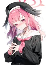 Rule 34 | 1girl, absurdres, beret, black hat, black shirt, black wings, blue archive, blush, closed mouth, halo, hat, head wings, highres, koharu (blue archive), long hair, long sleeves, looking at viewer, neckerchief, pink eyes, pink hair, pink halo, pink neckerchief, sailor collar, sailor shirt, shirt, simple background, solo, sugar (dndi888), twintails, upper body, white background, white sailor collar, wings