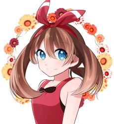 Rule 34 | 1girl, bad id, bad pixiv id, blue eyes, brown hair, creatures (company), floating hair, flower, game freak, hair between eyes, hair ribbon, hairband, highres, long hair, may (pokemon), may (pokemon oras), nintendo, pokemon, pokemon oras, ponytail, red flower, red hairband, red shirt, ribbon, shirt, simple background, sleeveless, sleeveless shirt, smile, solo, striped ribbon, twintails, upper body, white background, white flower, yellow flower, yuihico
